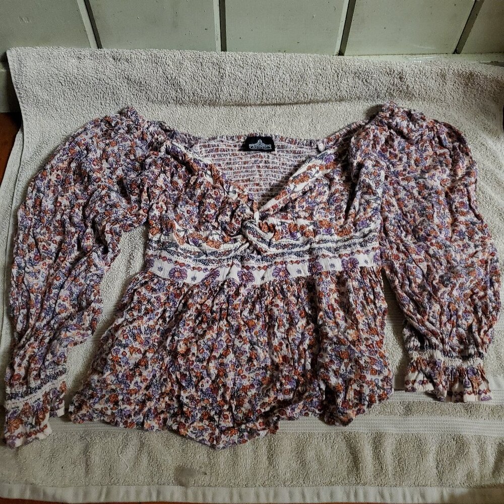 ANGIE Womens Lg Floral Blouse Longsleeve Shirred Elastic Stretch Keyhole Twist